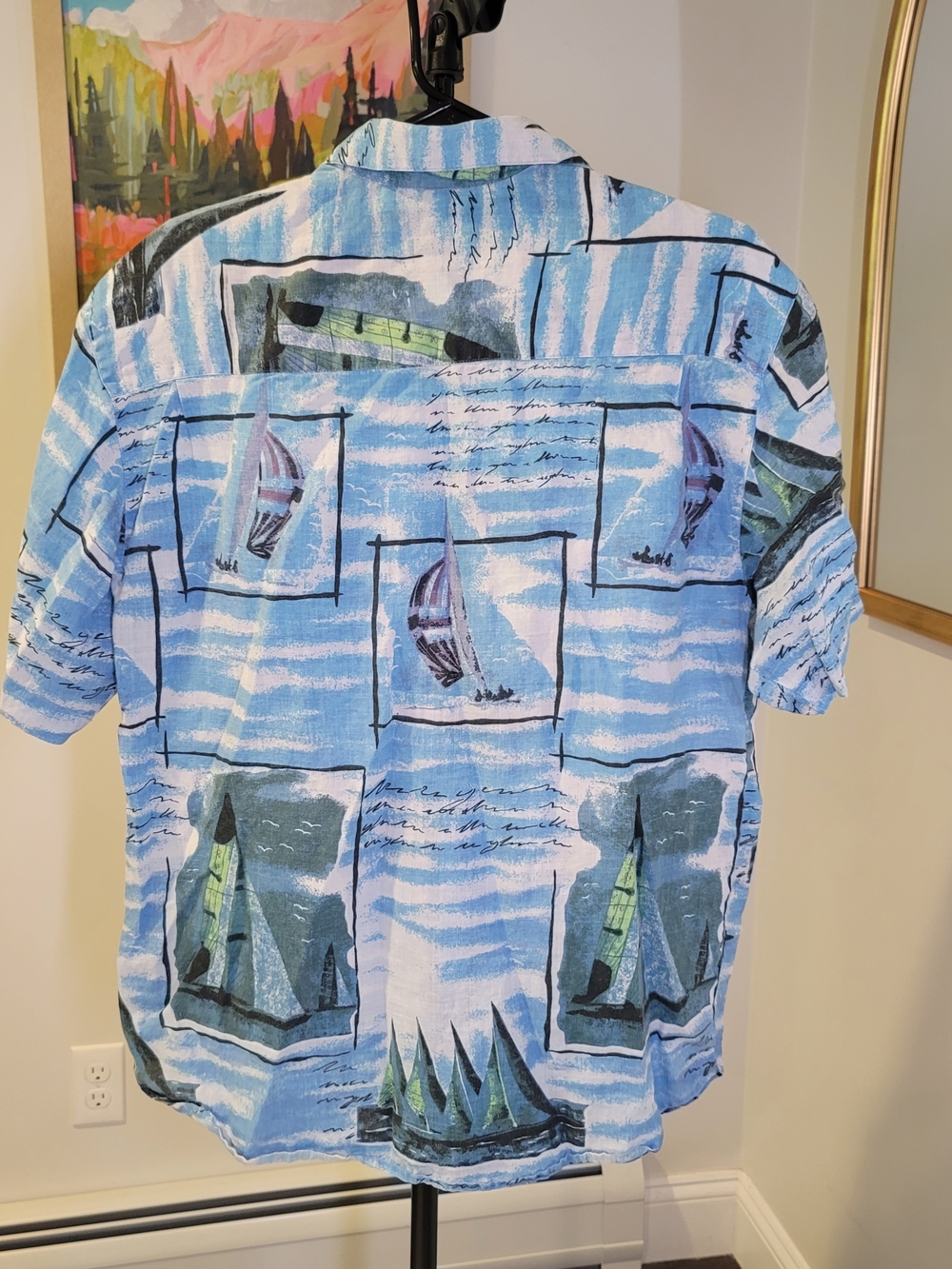 Washable Linen Short Sleeve Shirt Silk Society Sailboat Print Men's M - Picture 3 of 7